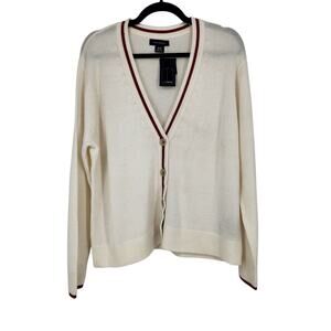 NWT Club Monaco Cream Red Contrast Trim Wool Cashmere V-neck Cardigan Size XL